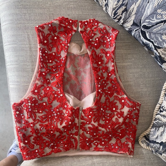 Red Beaded Two Piece Prom Dress - Picture 4 of 6